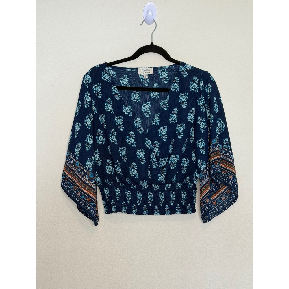 Twine & String Blue Boho Blouse‎ W/ Bell Sleeves Sz M